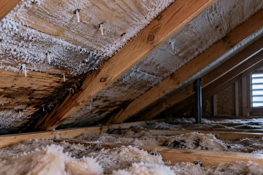 Frost on the roof decking and nails inside a cold attic