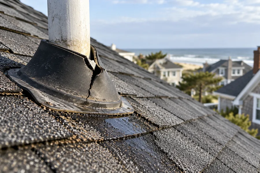 Cracked rubber pipe boot on a plumbing vent on a shingle roof