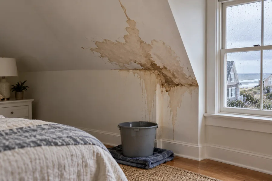 Water stain on a bedroom ceiling under the roof of a Cape Cod home